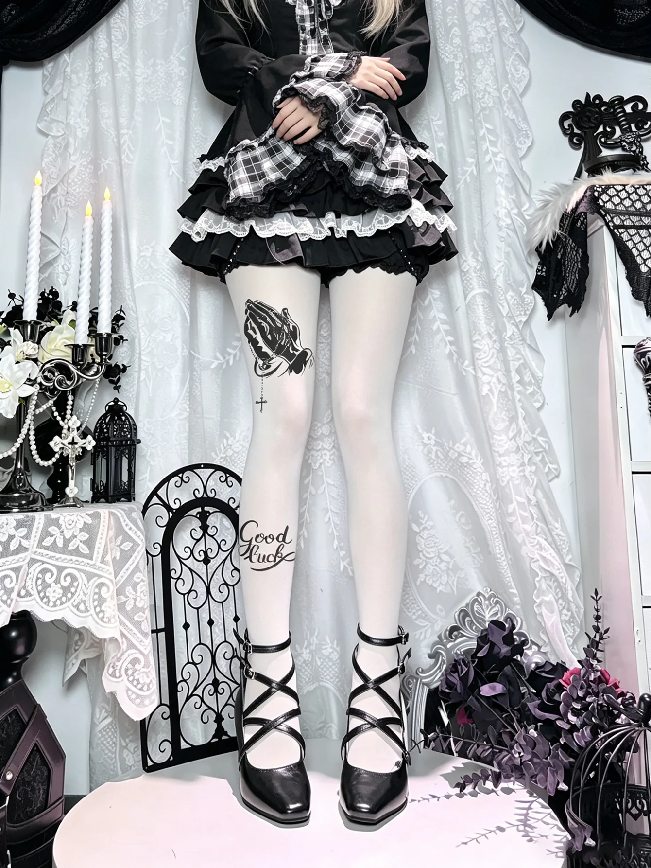 Y2K Gothic Inverted Cross Text Print White Tights Women Punk Dark Spice Girl Stretch Full Foot Pantyhose Ins Streetwear Stocking