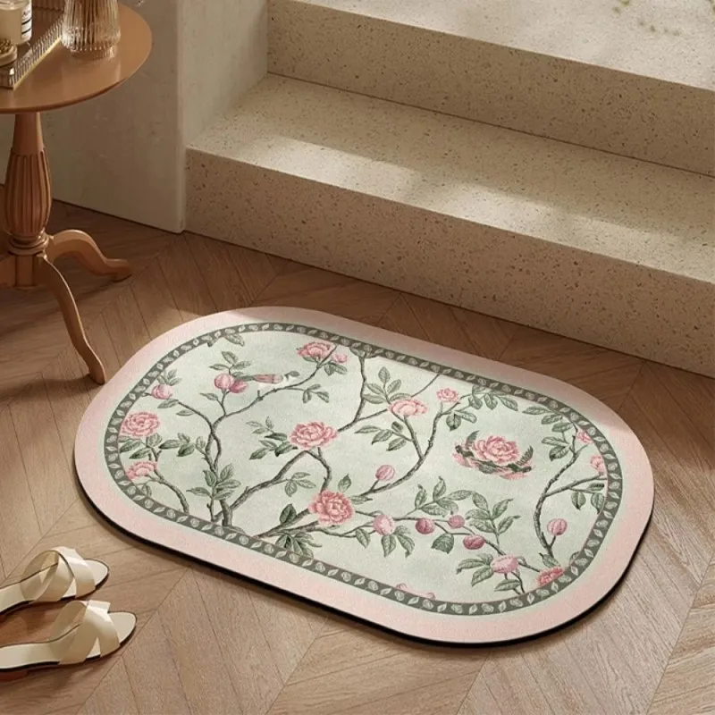 VIKAMA Chinese Style Floral Long Floor Mat, For Bedroom Door Bathroom Balcony, Quick Dry & Washable, Home Fashion Decor