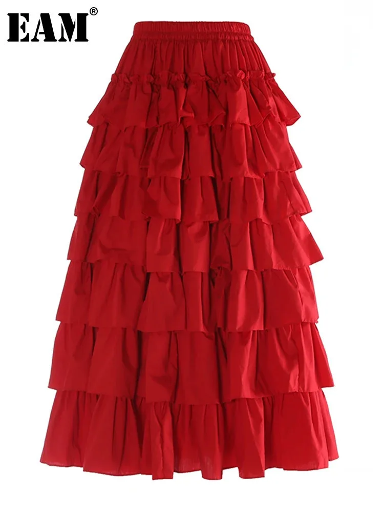 

[EAM] High Elastic Waist Red Ruffles Layers Elegant Cake Half-body Skirt Women Fashion Tide New Spring Autumn 2024 1DH6639