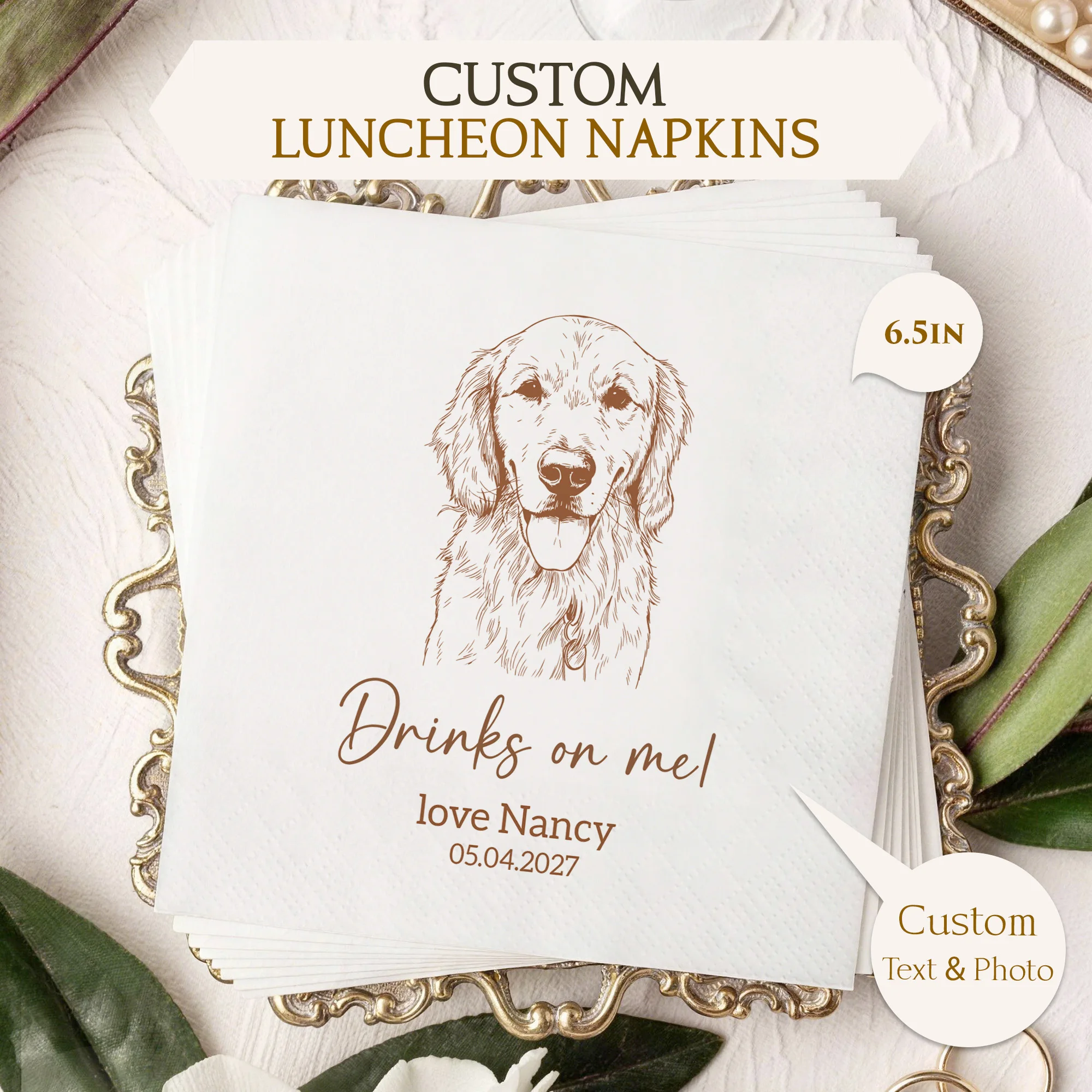 6.5in Custom Napkins 3 ply Personalized Napkins photo paper Disposable Luncheon Napkins Pet Portrait For Wedding  Bridal Shower
