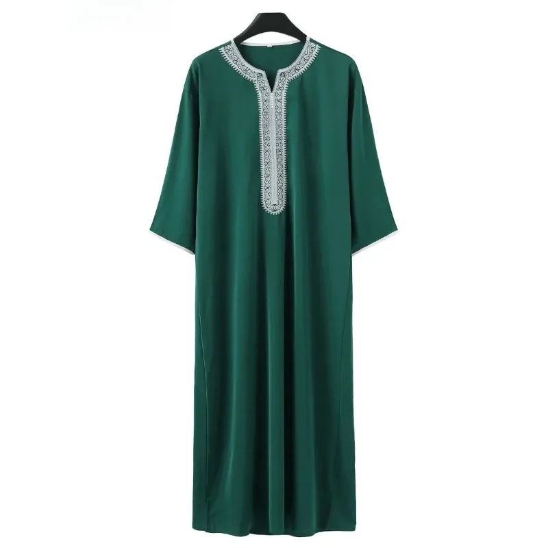 New Moroccan Green Arab Robe for Men Traditional Islamic Casual Clothing Embroidered Muslim Robe