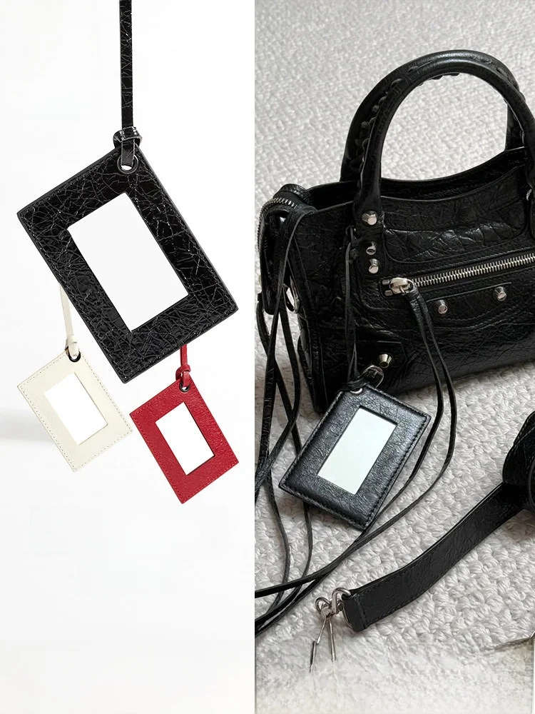 

Luxury Leather Biker Bag Replacement Mirror Ornament Oil Wax Skin Decorative Square Mirror Hanging Decoration for Handbags