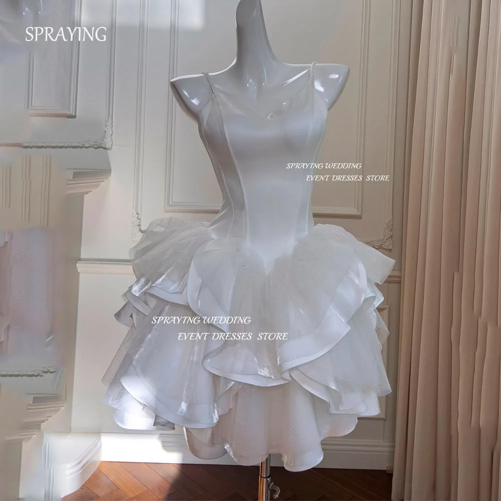 SPRAYING Short Prom Party Dresses Spaghetti Straps Princess Tulle Cupcake Wedding Dress Korea Shoot Evening Birthday Event Gowns