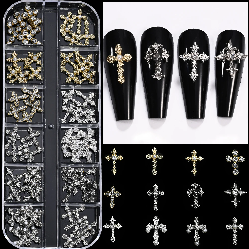 60 pz 12 Griglia Chic Vintage Croce Nail Art Charms con Diamante y2k Stile Metallo Lega Croce Nail Oro Argento Croce Decorazioni per unghie