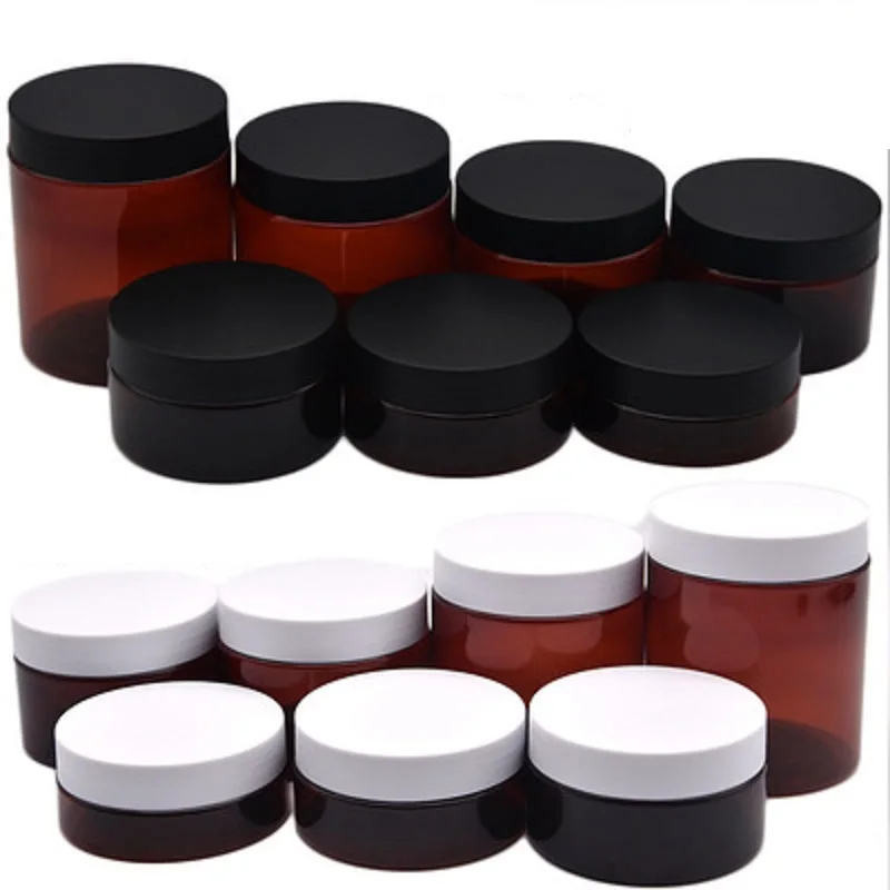 20pcs Wide Mouth Bottle Empty Plastic Pots Brown Containers Black White Lid 50G 80G 100G 120G 150G 200G 250G Skincare Cream Jars