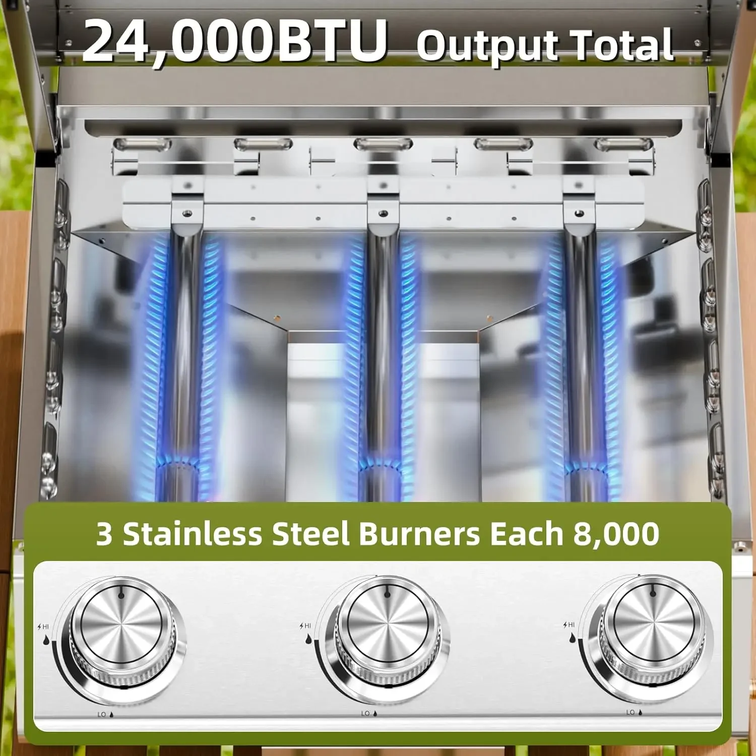 Grelha portátil de gás propano com parte superior plana de 3 queimadores 24.000 BTU, grelha e grelha de mesa 2 em 1 de aço inoxidável resistente