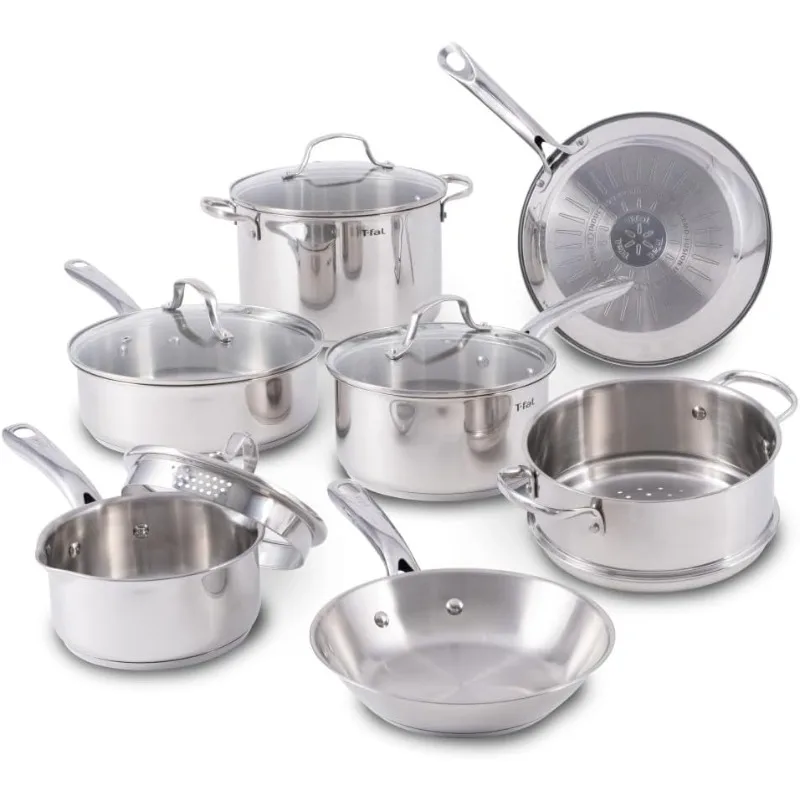 T-fal Stainless Steel Cookware Set 11 Piece Induction Oven Broiler Safe 500F Pots and Pans, Dishwasher Safe Silver