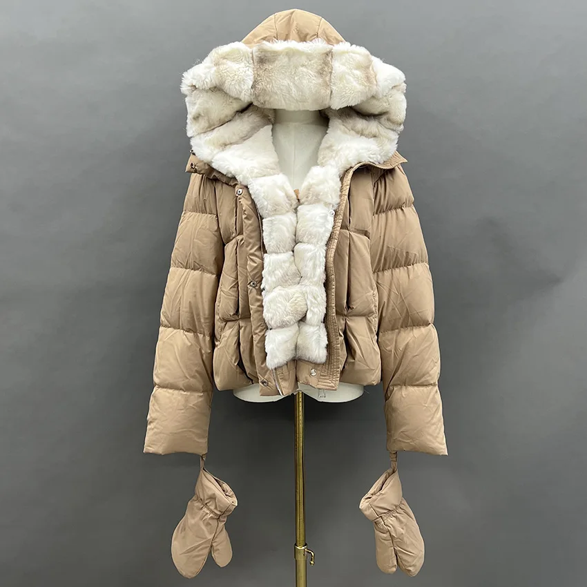 

JANEFUR зимняя белая куртка на гусином пуху, большая куртка-пуховик из меха кролика рекс с капюшоном, женская утепленная куртка с вязаными рукавами JFB8-25009