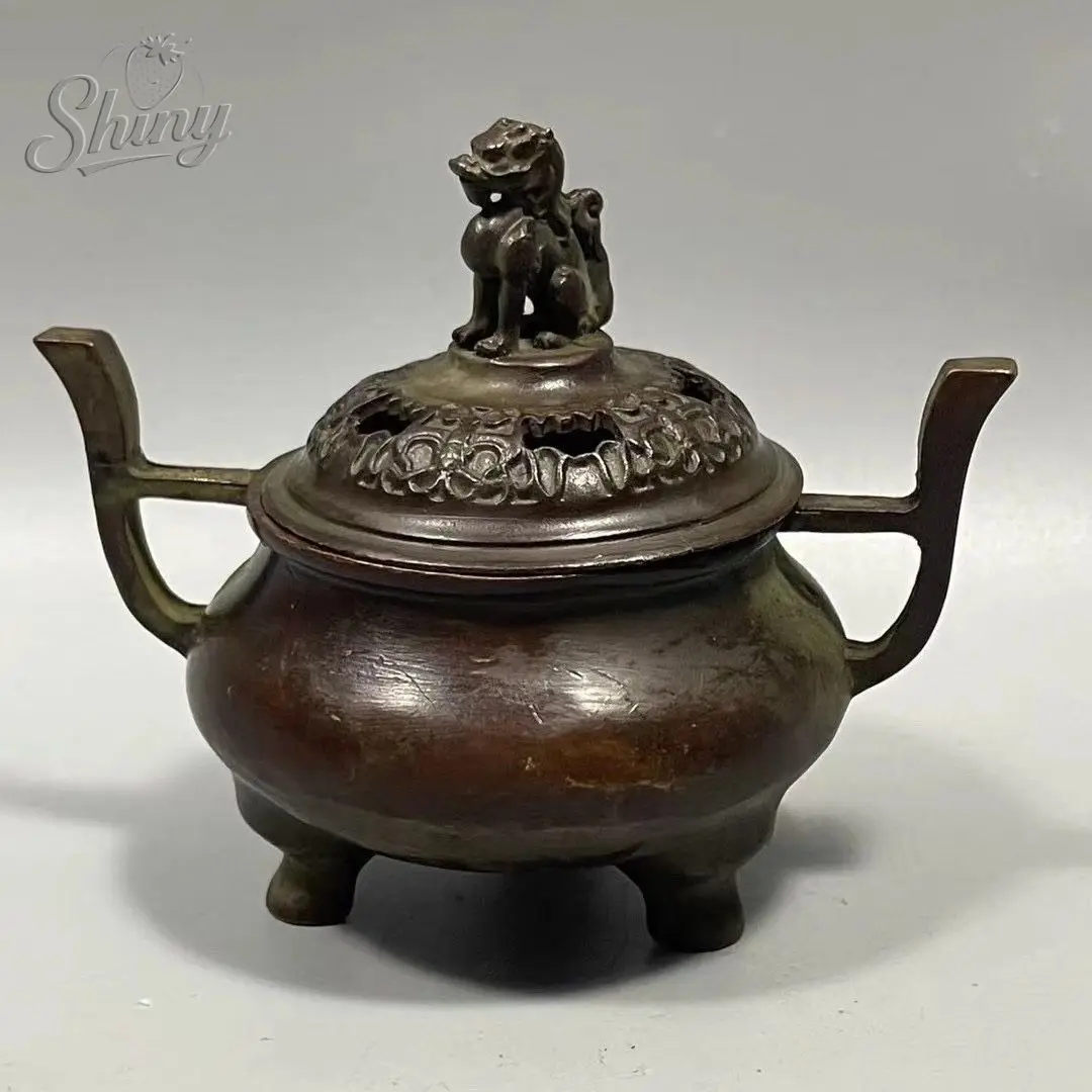 Antique Copper Incense Burner Chinese Hand Carved Kirin Statue Double Ear Burner Collection Crafts Home Decorations