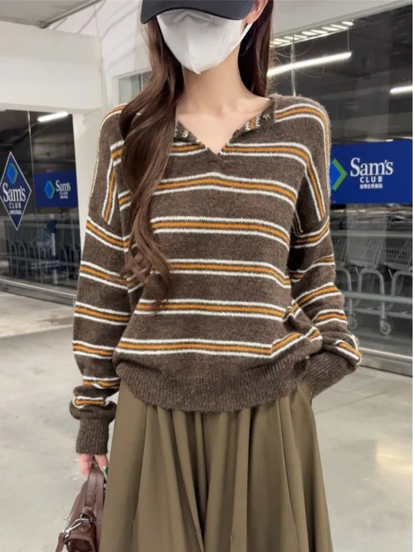Suéter de punto suave de manga larga para mujer, estilo vintage informal y cómodo, hoado y adeazante, con rayas, para oto...