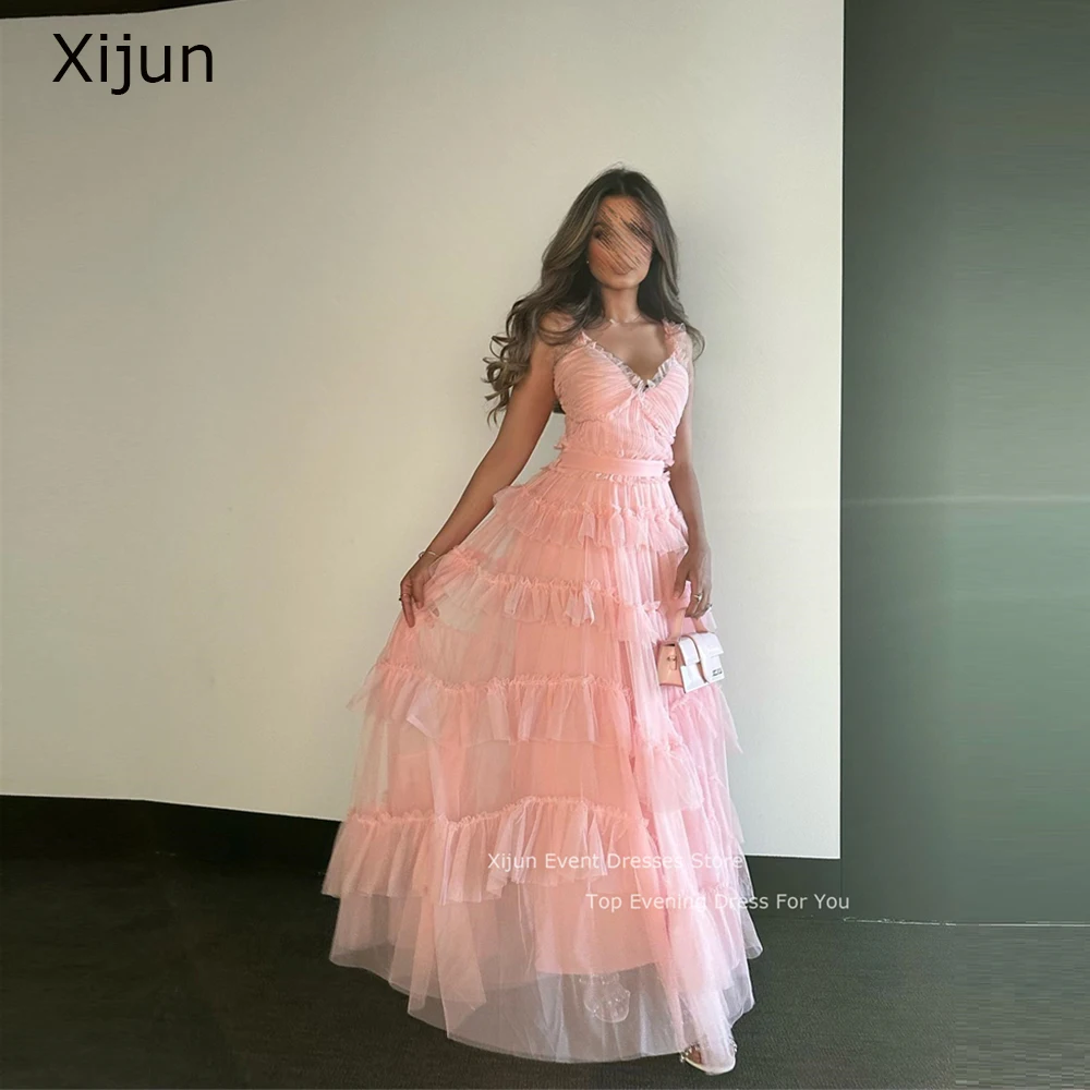 

Xijun Tulle Blush Pink Evening Dresses Saudi Arabric Women V-Neck Pleats Prom Dresses A-Line Tiered Prom Gown Party Dresses 2023