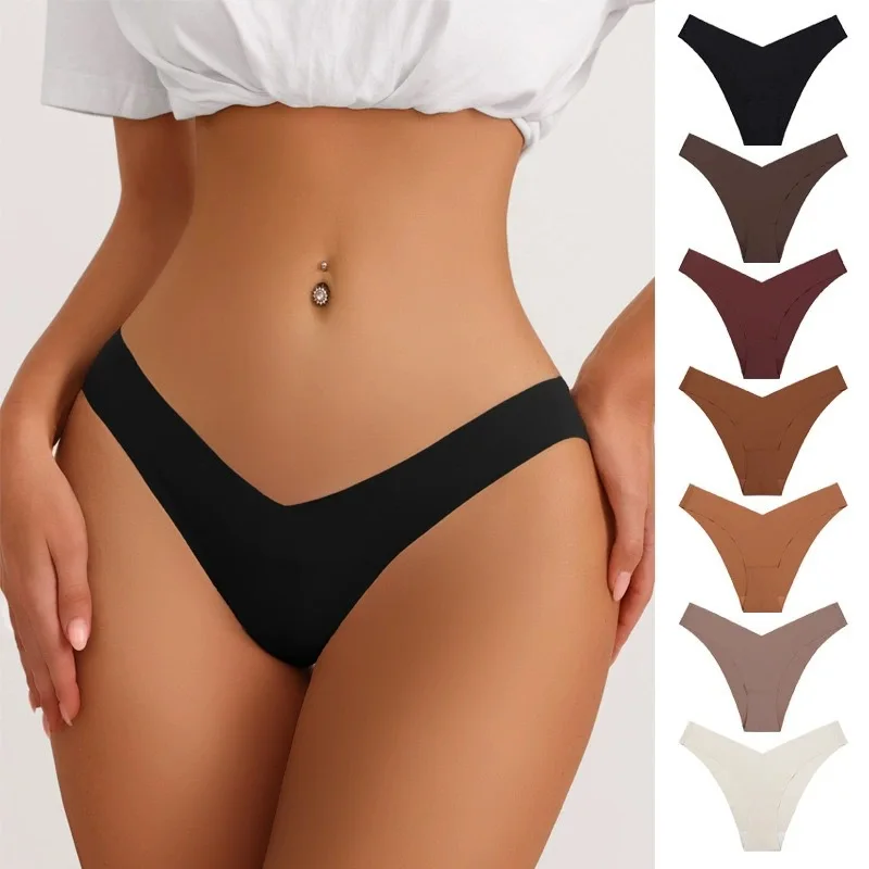 

Women's Solid Panties Seamless Underwear Mid Rise Sexy V-Cut Waist Female Underpants Stain Color Lingerie Intimate S-XL