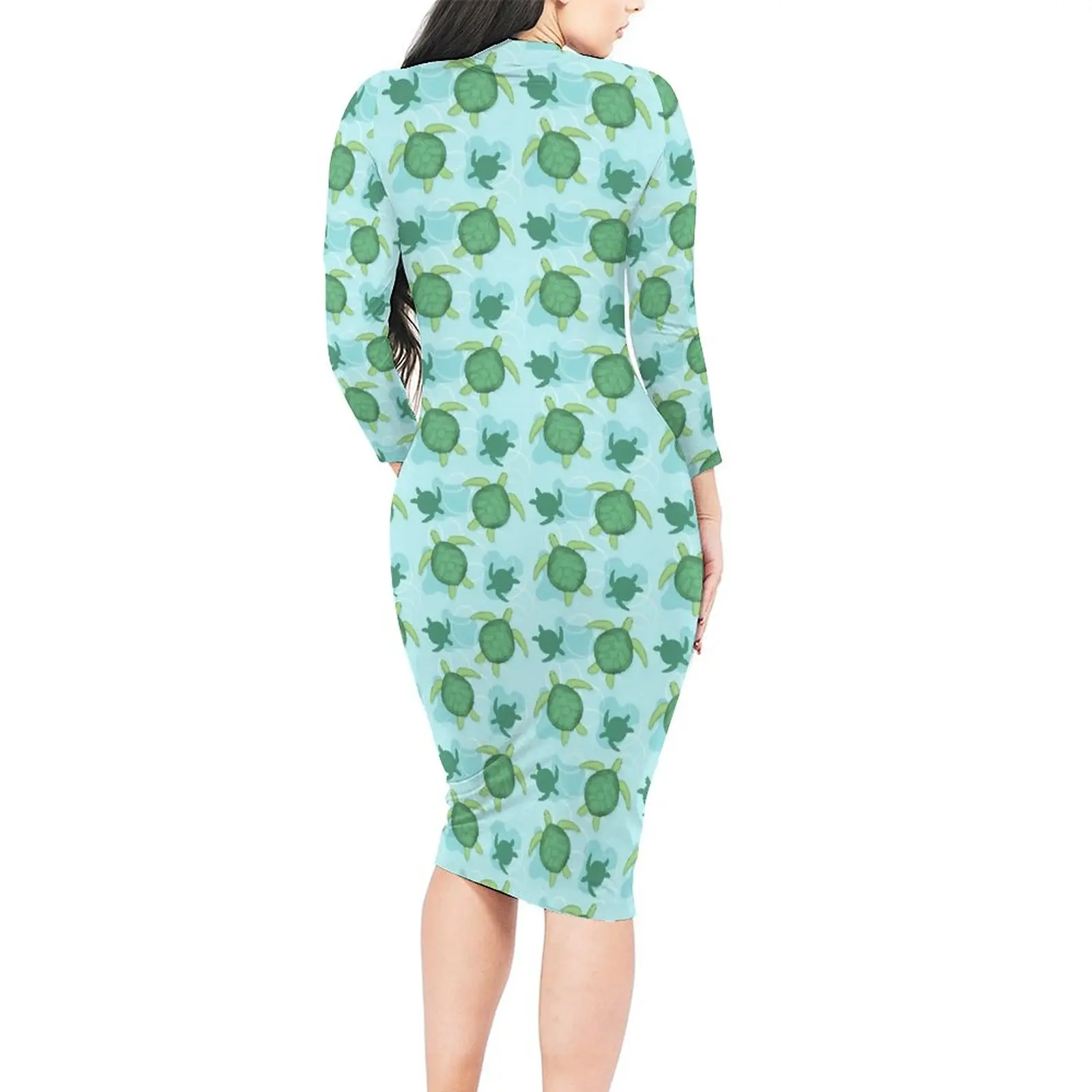 Aquatic Sea Turtle Dress Long Sleeve Cute Animal Retro Dresses Autumn Female Aesthetic Design Bodycon Dress 3XL 4XL 5XL