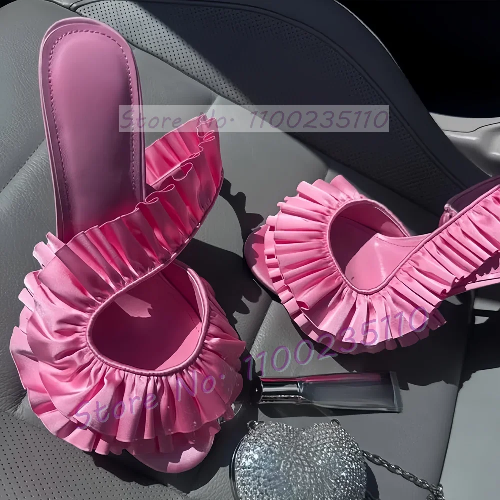 

Pink Satin Ruffles Stiletto Sandals Women Elegant Back Strap Sweet Party Shoes Ladies Open Toe Leopard Flower Evening Sandals