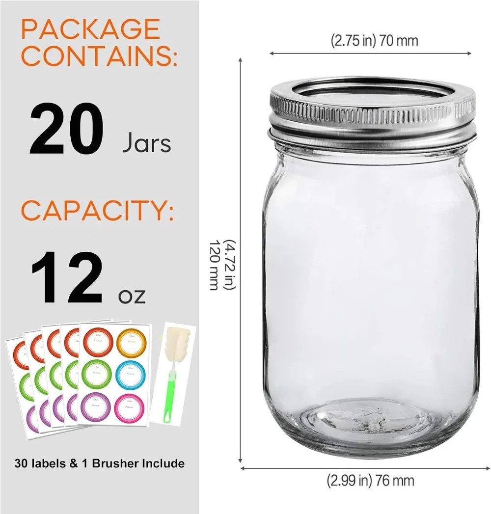 20-Pack 12oz Mason Jars with Lids, Labels & Brush - Regular Mouth, Dishwasher Safe