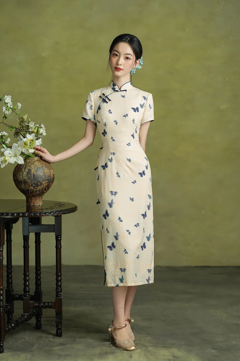 

Chinese Style Young Cotton Linen Cheongsam Butterfly Print Summer Daily Girl Dress Handmade Buckle Qipao