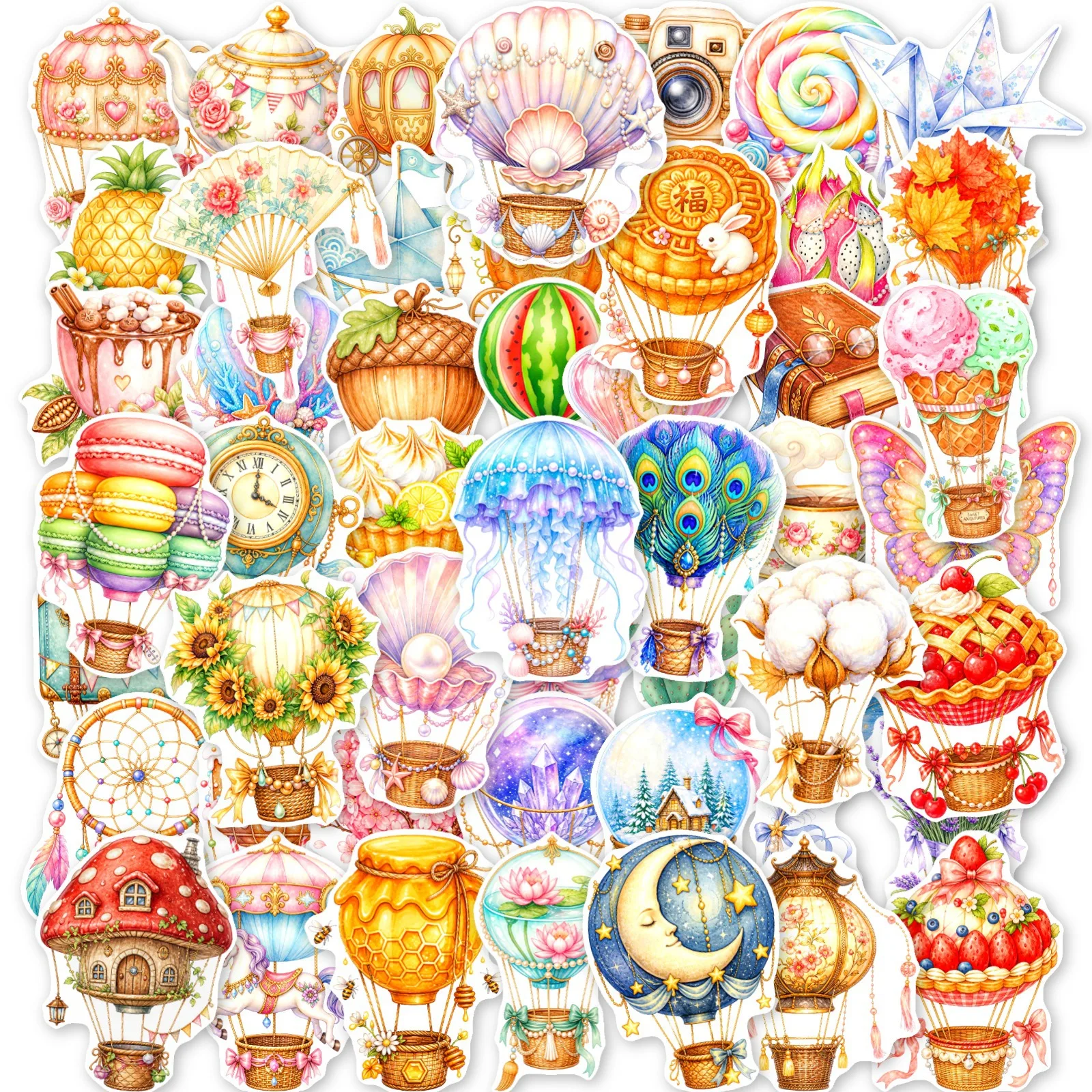50Pcs Watercolor Hand Drawn Fairy Tale Stickers Dreamy Hot Air Balloon Decals Waterproof Graffiti Sticker Pack for Journal DIY D