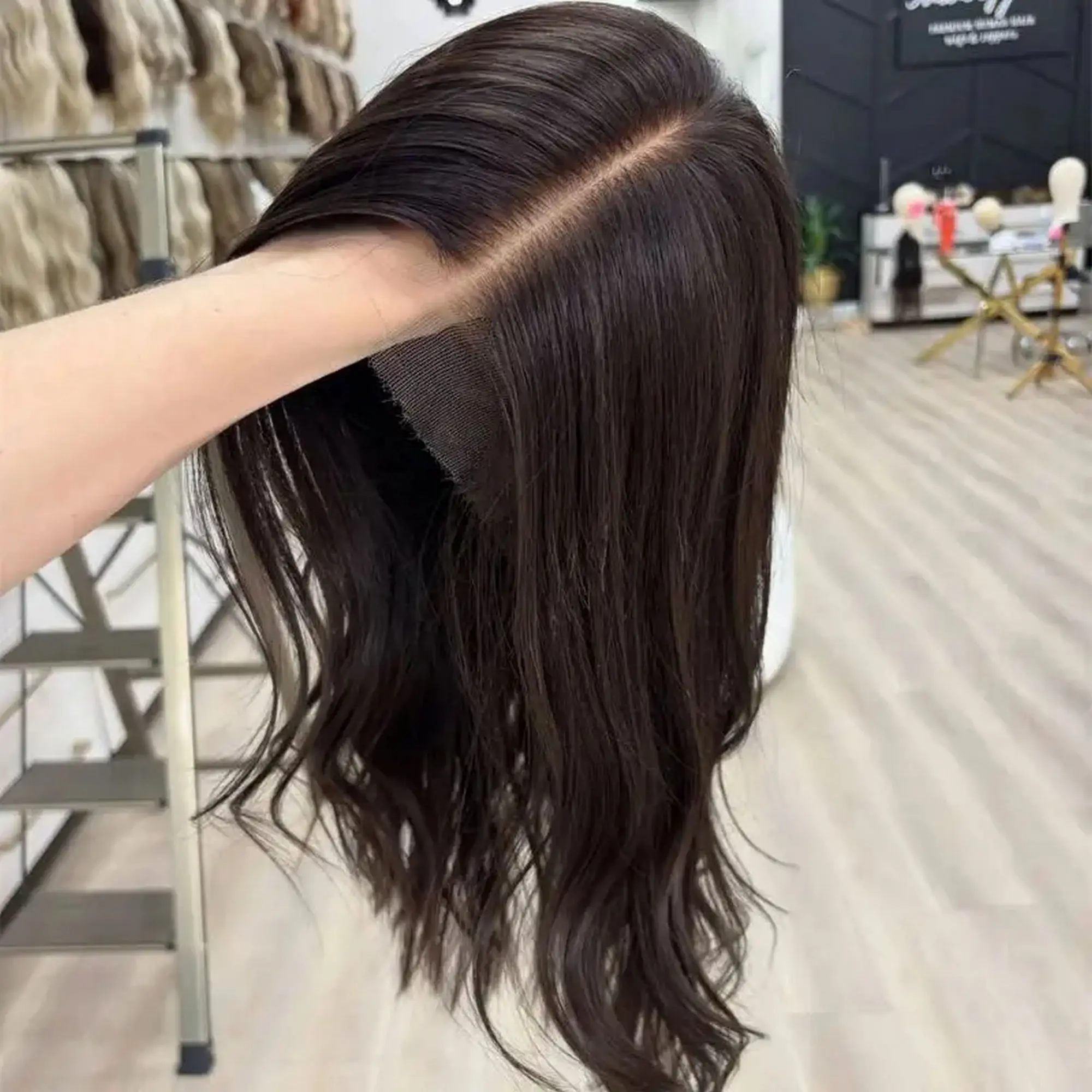 

Dark Brown Long Body Wave Lace Front Wig 13x4 HD Transparent Synthetic And Blend Lace Wig Pre Plucked Glueless Daily For Women