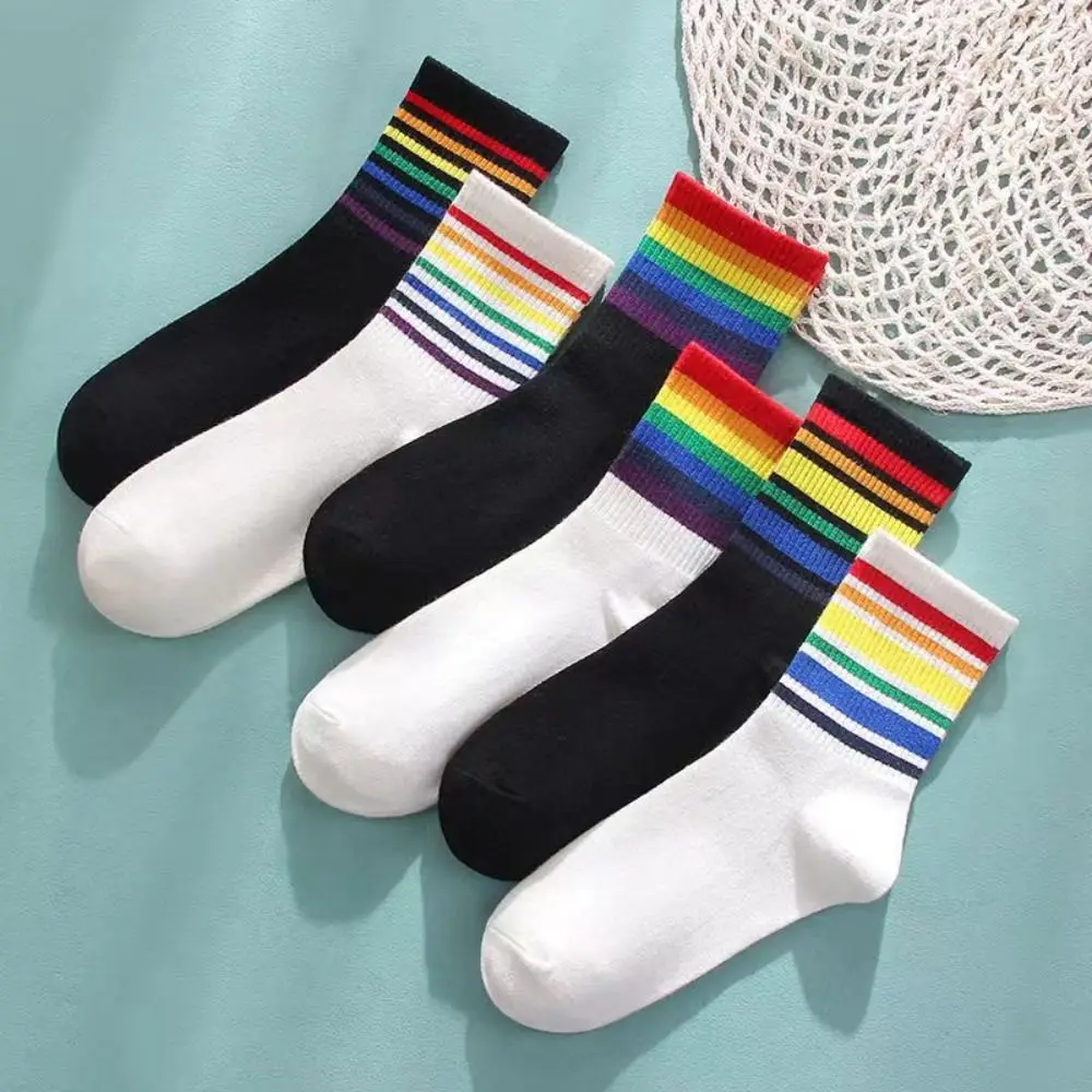 6Pairs Cozy Multicolor Rainbow Stripes Socks Mid-calf Breathable Rainbow Tube Sock Y2K Patchwork Cotton Socks Trendy