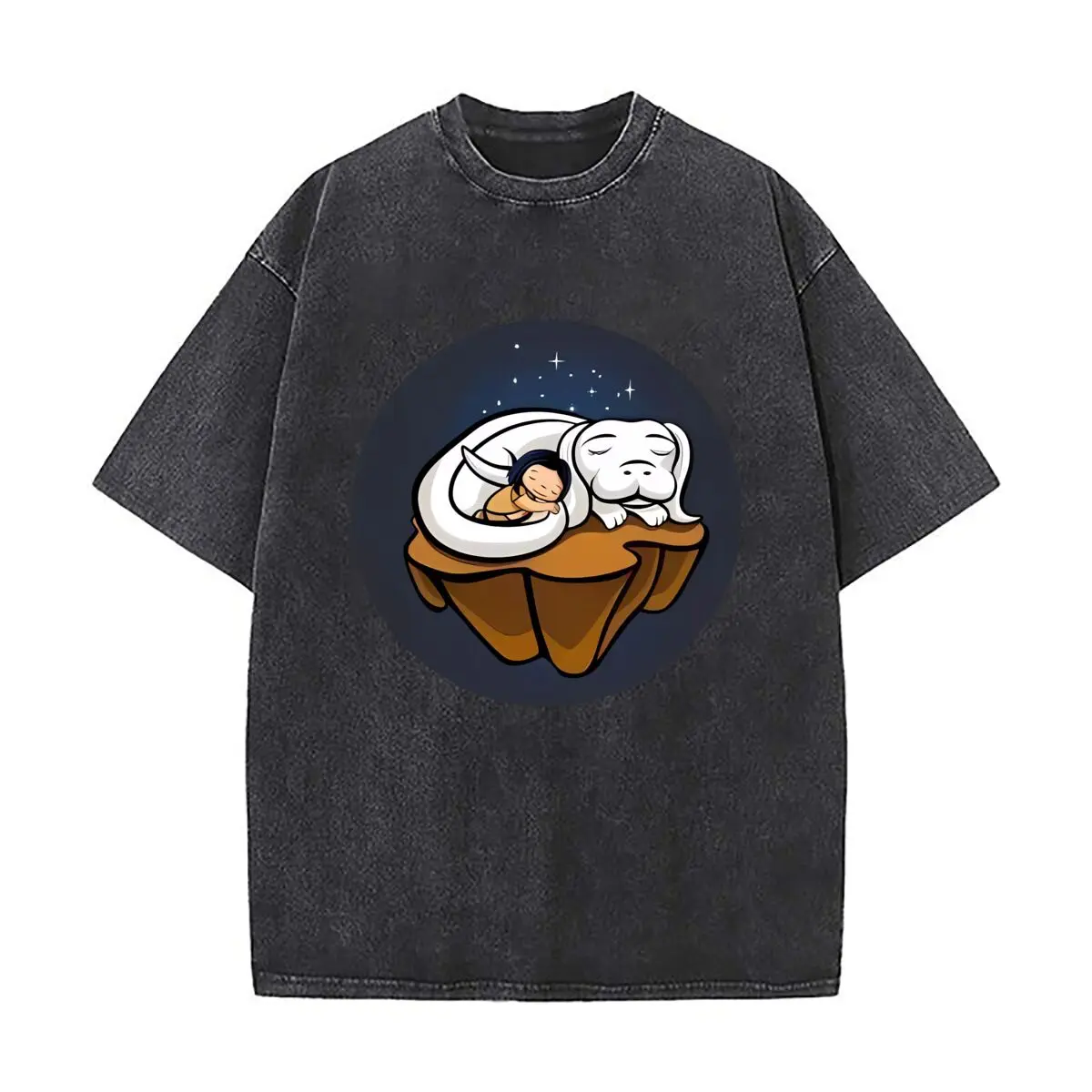 Moon Cake Playful Food Black Culinary Themed Design Casual Washed Distressed T Shirt Vintage Minimal Short Sleeve Top