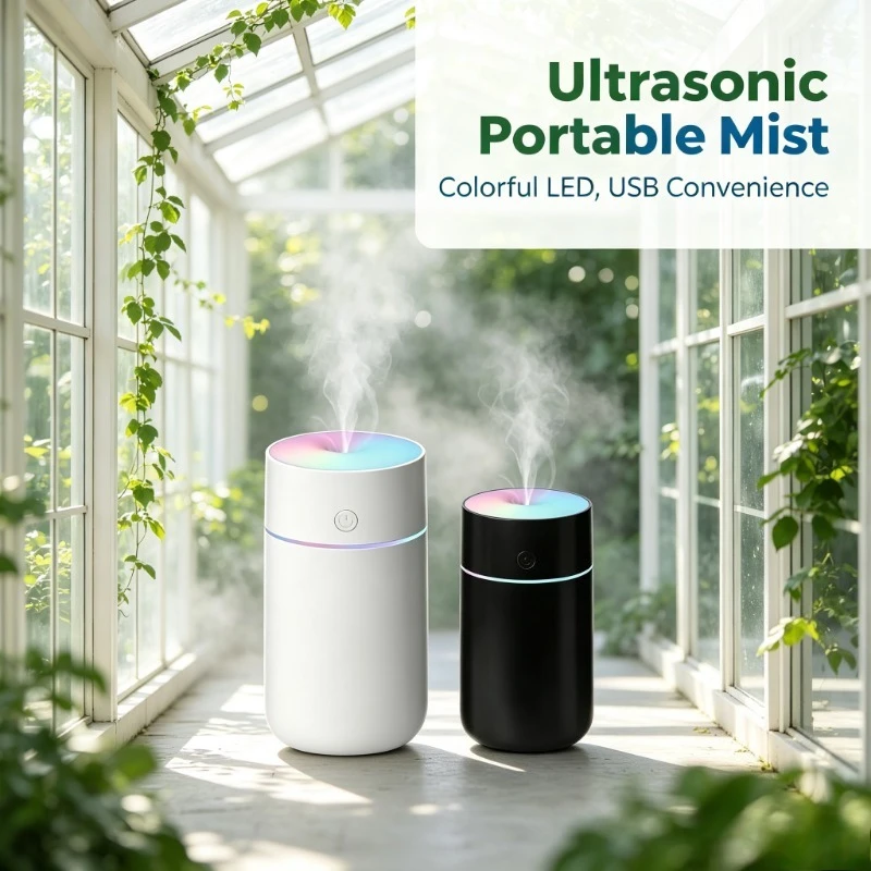 Mini umidificatore d’aria a ultrasuoni, capacità 220 ml, alimentato tramite USB, silenzioso, produce una nebbiolina, dotato di luce notturna a LED multicolore, diffusore di aromi portatile, ideale per