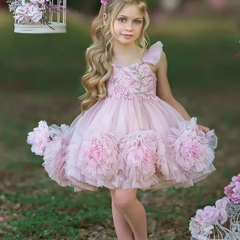 

Pink Flower Girl Dress For Wedding Party Dress Tulle Birthday Princess Dresses Puffy Child First Communion Gown