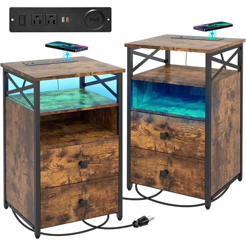 

Nightstands Set 2 with Wireless Charging Station, Night Stands Set of 2 with LED Lights and Wood Drawers,