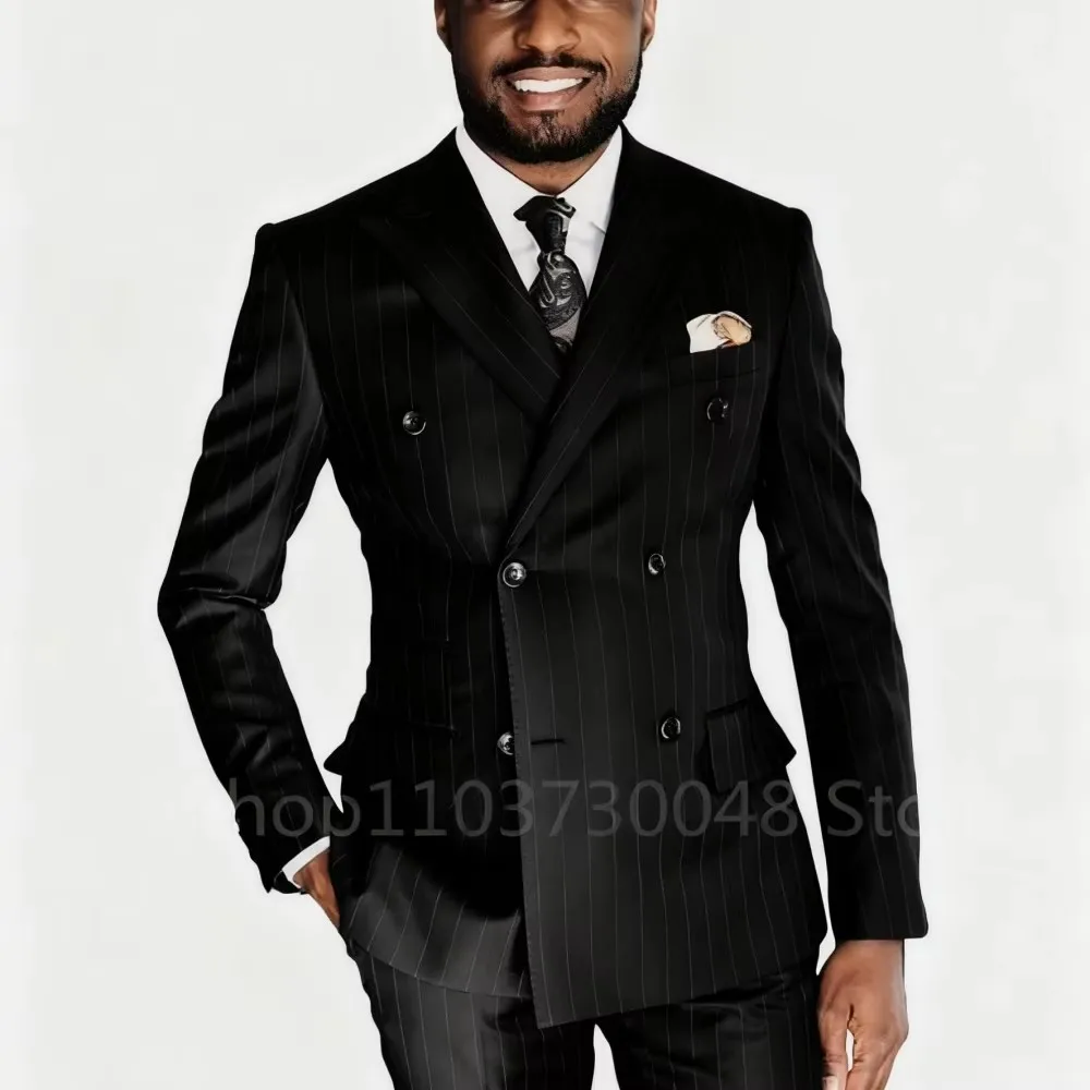 أسود مخطط 2 قطعة الرجال الدعاوى الزفاف العريس البدلات الرسمية بدلة عمل الذروة التلبيب مزدوجة الصدر السترة مجموعة (سترة + السراويل) #1