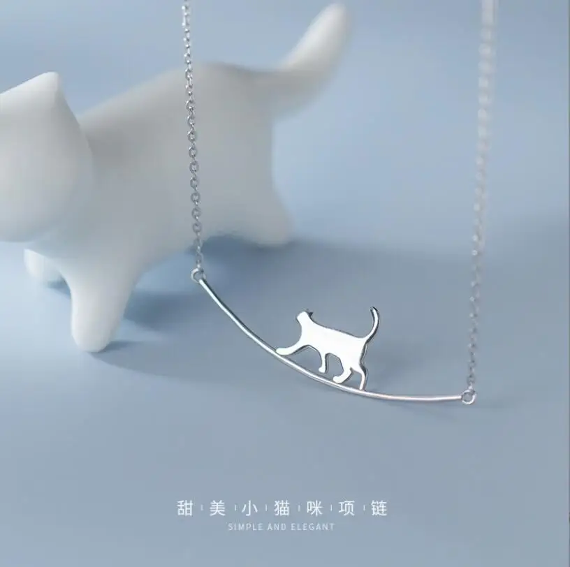 New Fashion Cat Curved Simple Personality 925 Sterling Silver Jewelry Cute Animal Walking Cat Clavicle Chain Choker Necklaces