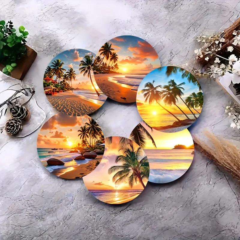 2D Seaside Coastal Vibe Wooden Cup Mat Surface Guard Dining Pub Cafe Tearoom Workplace Household Ornament Sturdy Wood Gift