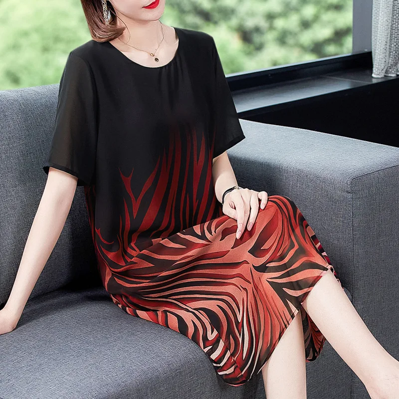 2023 office lady 3D Printing short Sleeve Summer Women's Clothing Round neck loose A-line Net yarn casual Mid-Calf dresses