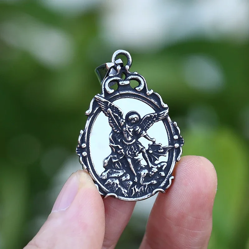 Cool Mens Catholic Patron Mirror With Saint Michael Pendant Necklace the Archangel 316L Stainless Steel Jewelry Hallown Gift