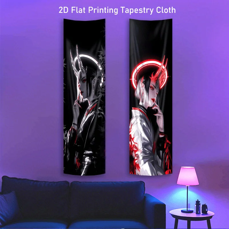 VIKAMA Demon Girl Horns Tapestry Neon Dark Anime Long Vertical Wall Hanging Poster for Bedroom Dorm Game Room Wall Decor