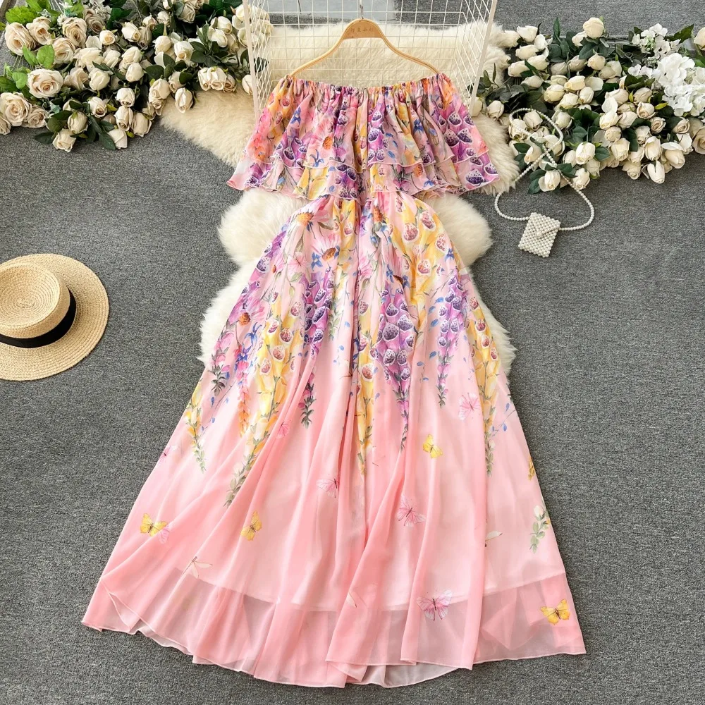 

Chic Slash Neck Short Sleeve Bodycon Print Ruffle Dress Women Elegant Fashion Vestidos A-line Dress
