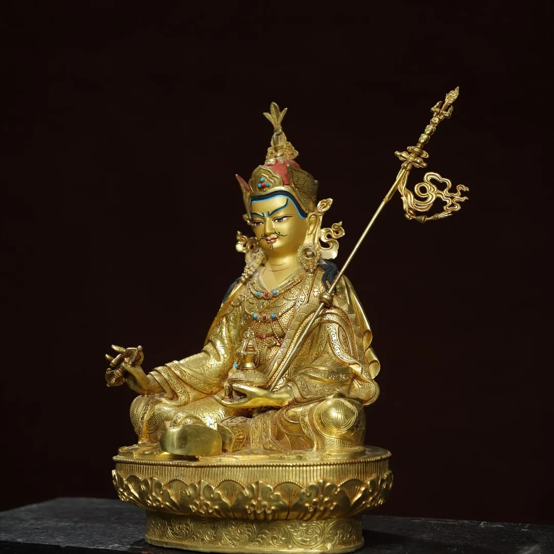 Home worship of religious copper gilded painted Padmasambhava Buddha statue Size: Height 32cm, Width 20cm, Thickness 13cm, Weigh