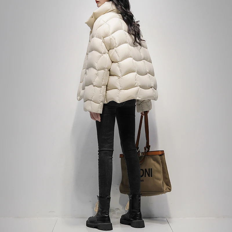 Short Stand collar Down Jacket Women\'s 2023 Winter New Korean Loose White duck down fluffy Coat Female Solid Casual Outwear Tops