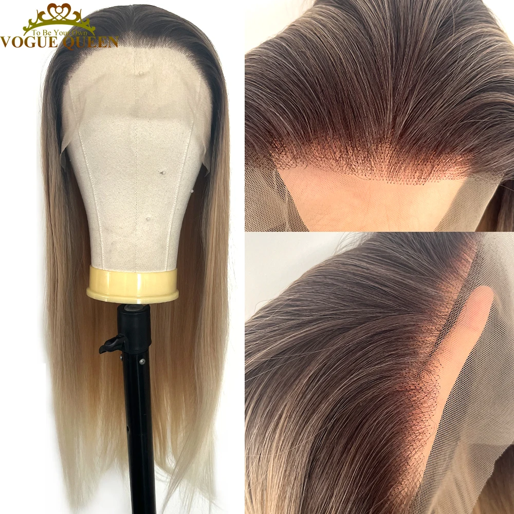 Voguequeen-peluca sintética ombré, extensiones de cabello liso largo de color marrón oscuro a rubio dorado para uso diario de Cosplay