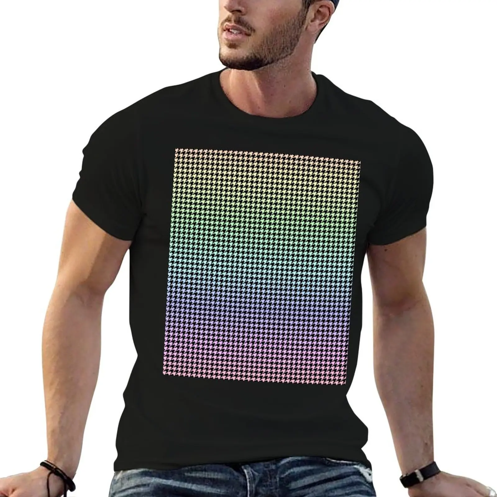 Soft Pastel Rainbow Houndstooth Check Pattern T-Shirt plus sizes blue archive workout shirts for men