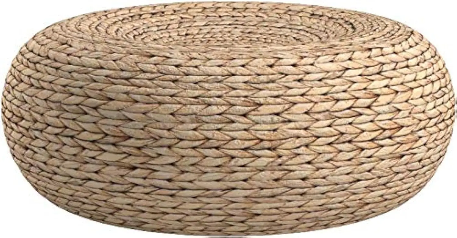 Handmade Straw Flat Floor Pouf Cushion, Round Ottoman Foot Stool for Meditation and Yoga, 15.7" Diameter x 6.3" Height