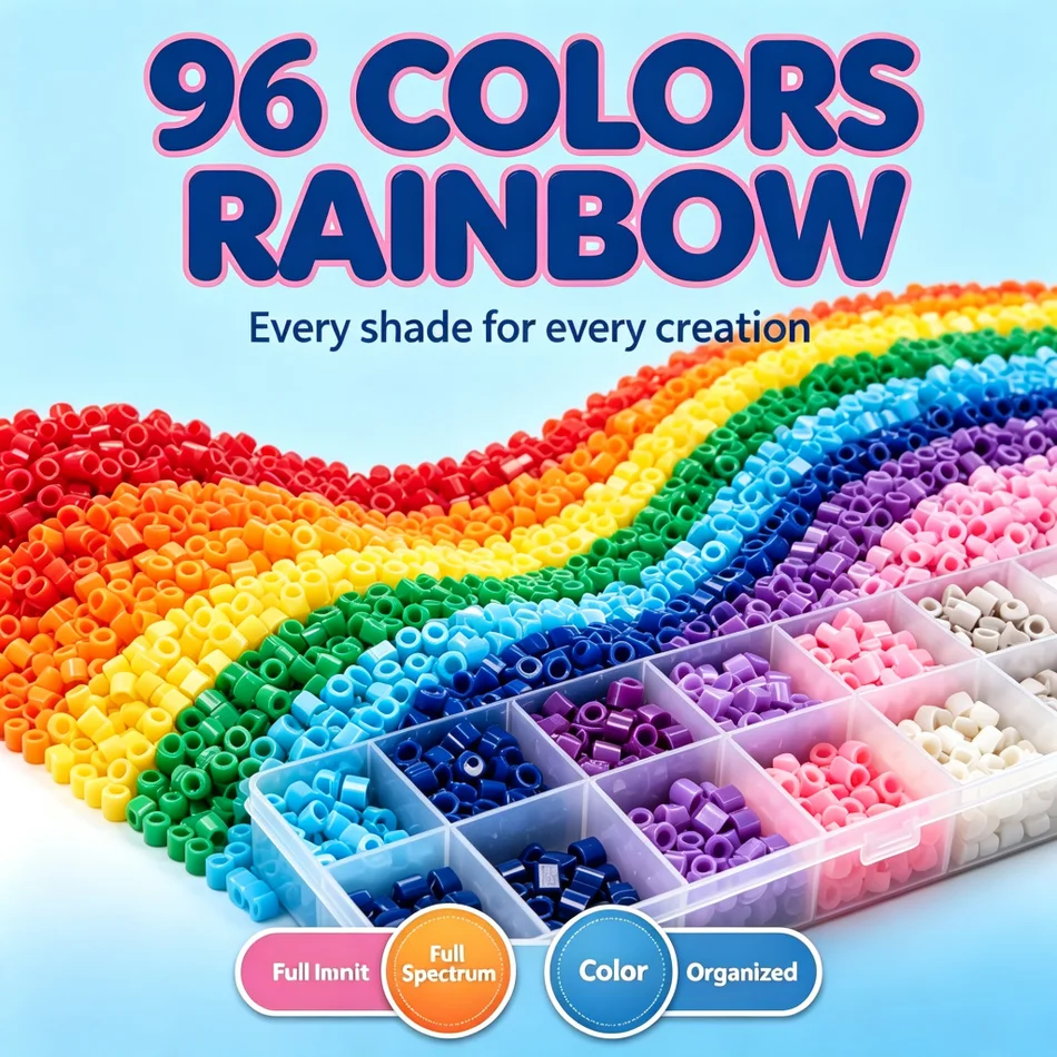 96 Colors Fuse Beads Kit 2.6mm Mini Complete Craft Set with Pegboard Ironing Paper Peg Pen Tweezers Pattern Book DIY Art Gift