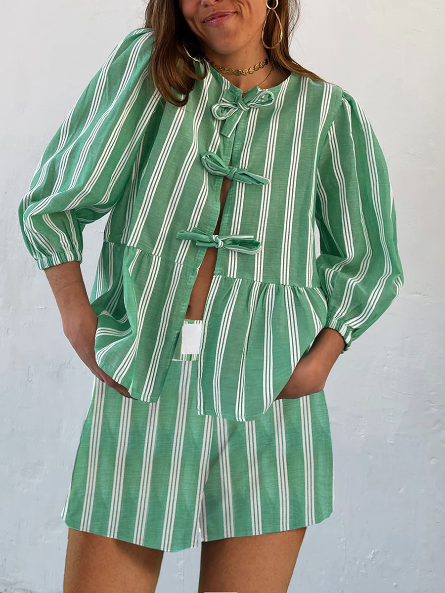 

Women 2 Piece Outfits Striped Shorts Set Beach Vacation Outfits Tie Up Short Sleeve Shirt and Shorts Summer Sets