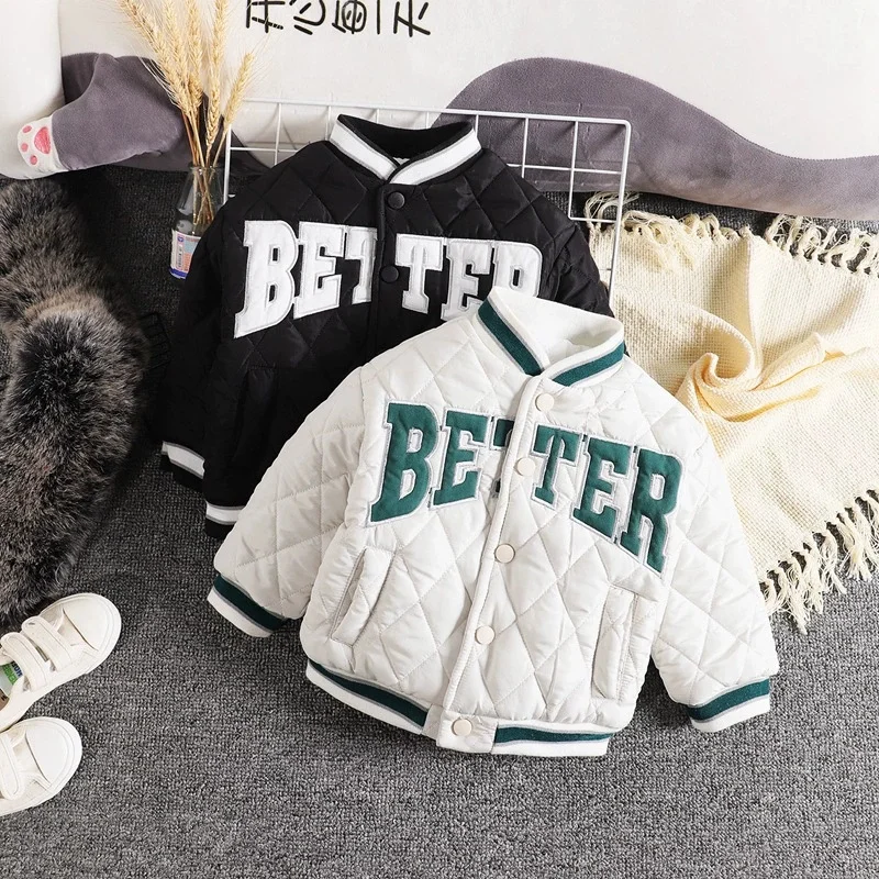 

2025 Winter Boy Thickened Small and Medium-sized Children's Baseball Suit Jacket Spot Letter White Cotton Jacket Cotton Jacket