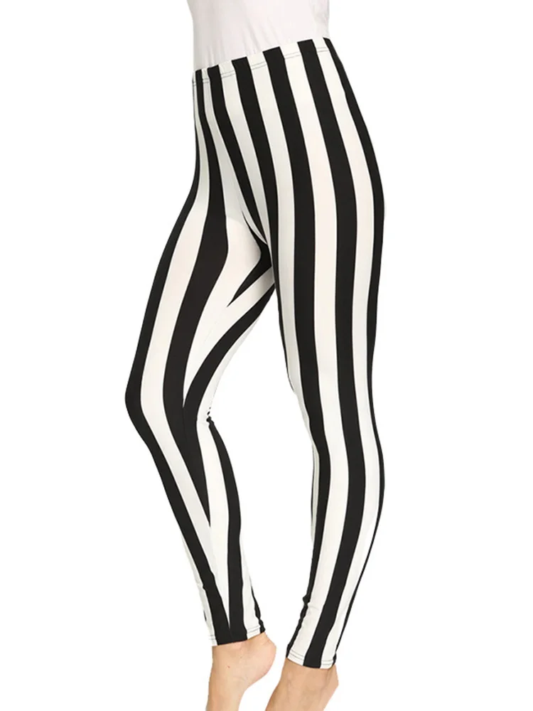 CHSDCSI Summer Leggings Women Black White Dot Push Up Leggins Mujer Stripe Printed Mid Waist Polyester Fitness Pants