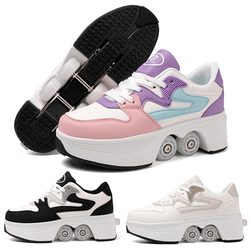 

Children Wheels Shoes Roller Sneakers With 4 Wheels Skates Adult Runaway Parkour Deformation Shoes For Women Men Youth Kids Gift