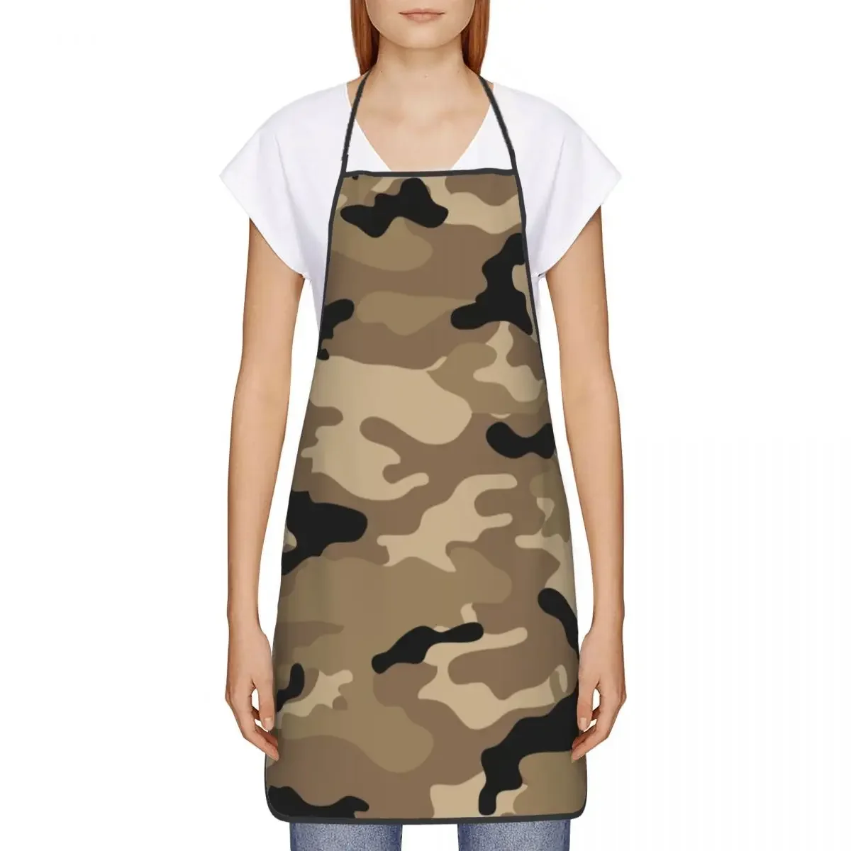 Brown Woodland Camo Pattern Bib Apron Adult Women Men Chef Tablier Cuisine for Cooking Kitchen Army Military Camouflage Baking