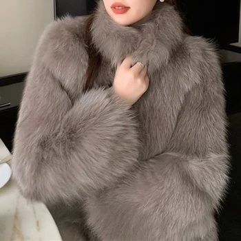 2024 neuer pelzfreundlicher Herbst- und Winterpelzmantel aus Leder im kurzen Stil für Damen, verdickt, junger Stil, Mäntel, Jacken