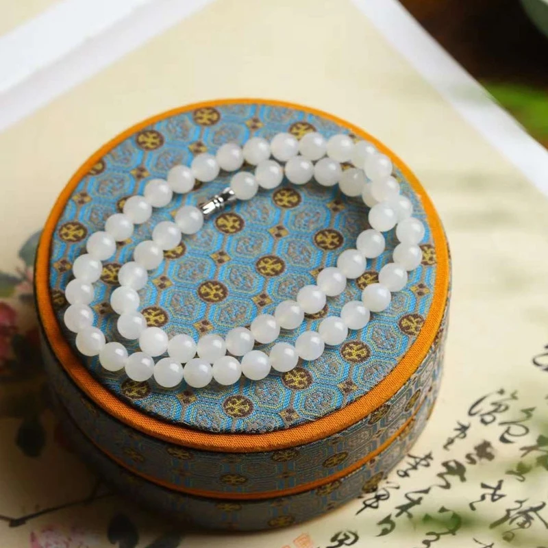 

Натуральное ожерелье из бусин из старого нефрита Хотан, Цинхай, белого цвета