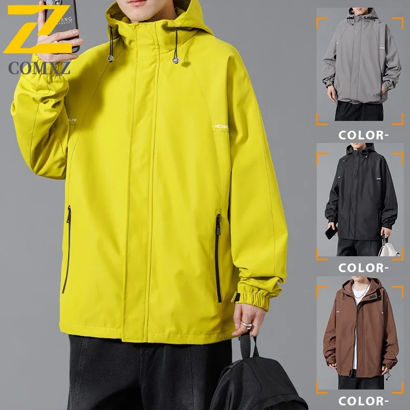 

COMXZ 2025 Spring Men Hooded Windbreaker Fashion Print Oversized Coat Plus Size Windproof Casual Camping Loose Softshell Jacket