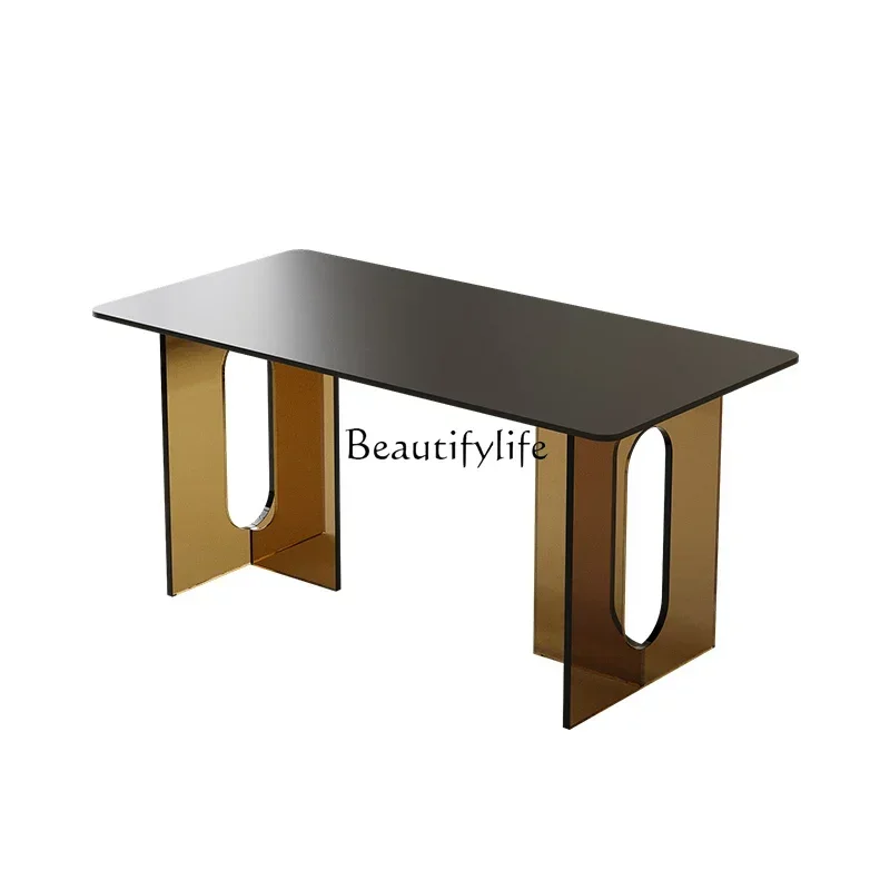 

French cream style acrylic pure black rock slab dining table middle ancient wabi sabi rectangular dining table