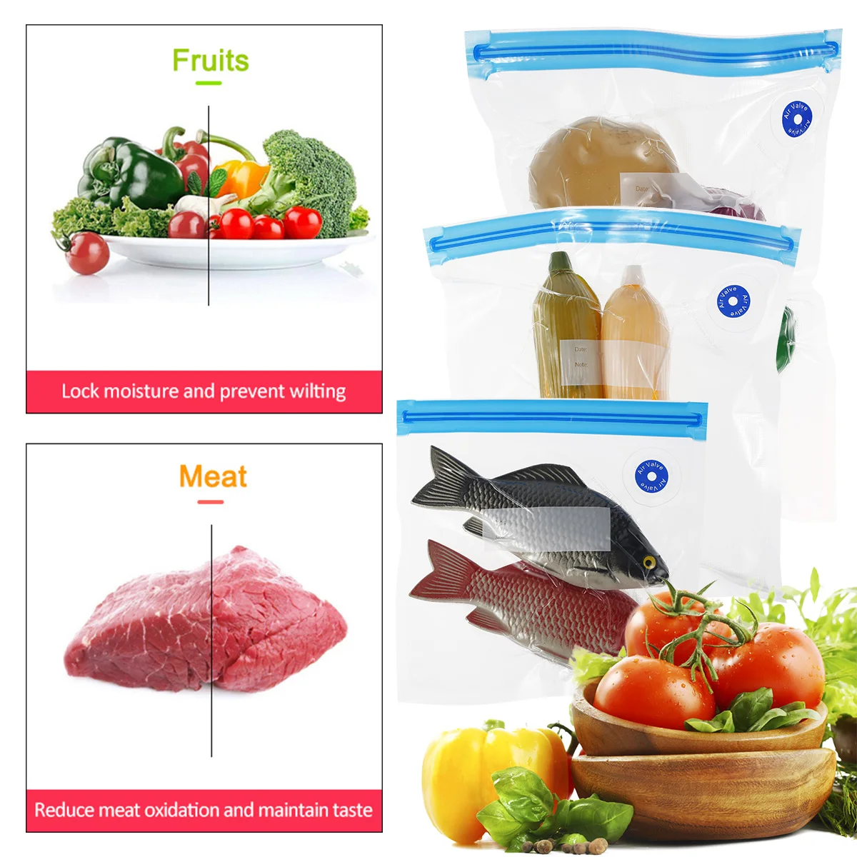 20Pcs Vacuum Bags Food-grade Plastics Freezing Storage Seal Bags Reusable Vacuum Sealer Machine Space Saver with Hand Pump Bag